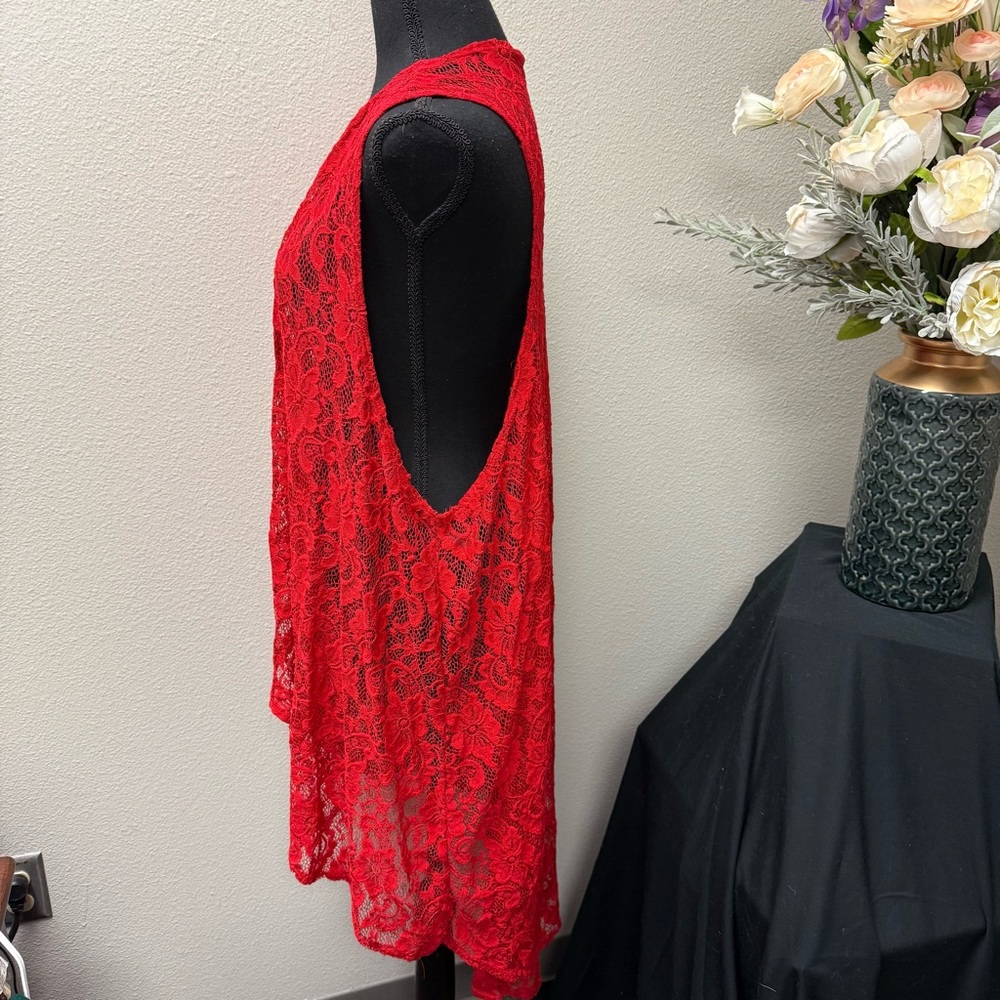 L&B Lucky & Blessed Red Lace Open Front Drape Vest Boho Layering Kimono - Picture 2 of 6